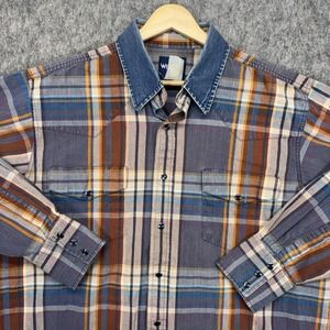 Vintage Wrangler Denim Pearlsnap Shirt Men's XL Plaid Brushpopper